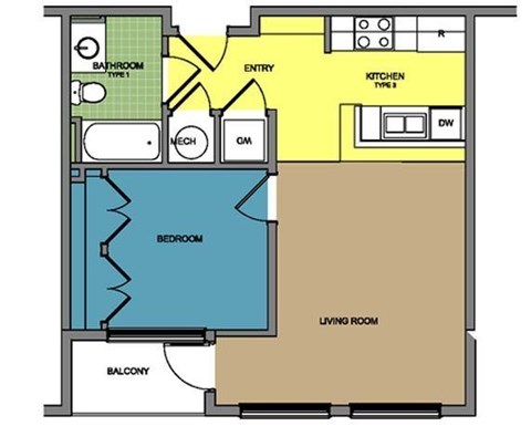 Floor plan for 1 bed, 1 bath, 574 sqft
